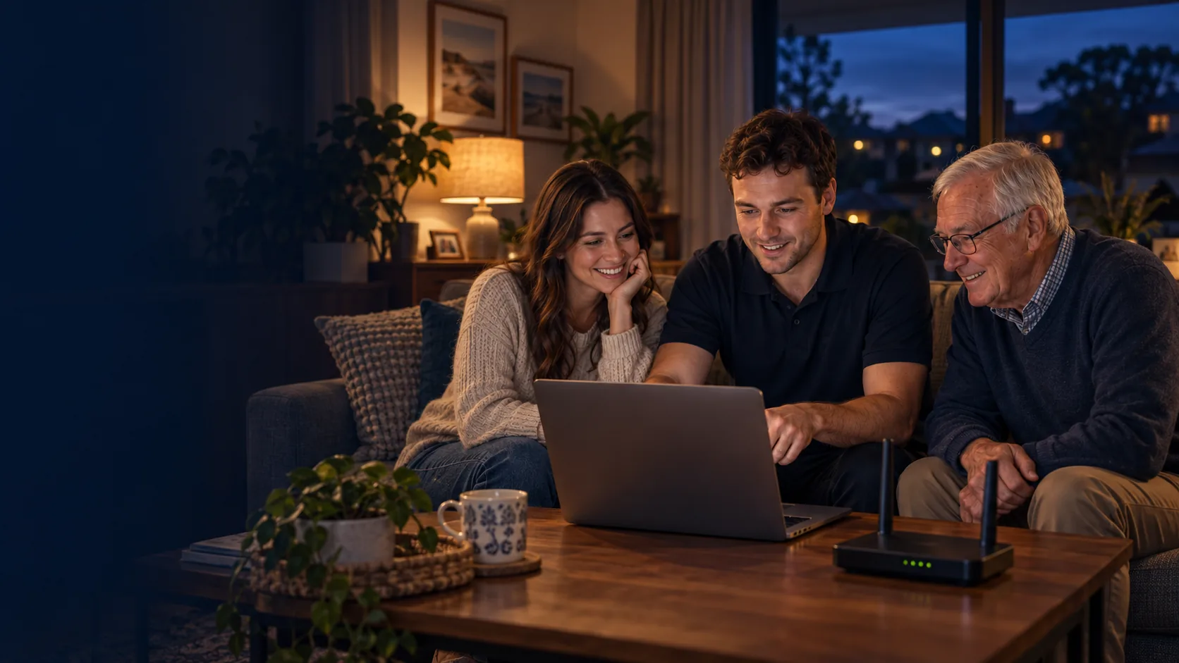 A local technician helping a younger and an older customer with their laptop and home Wi-Fi